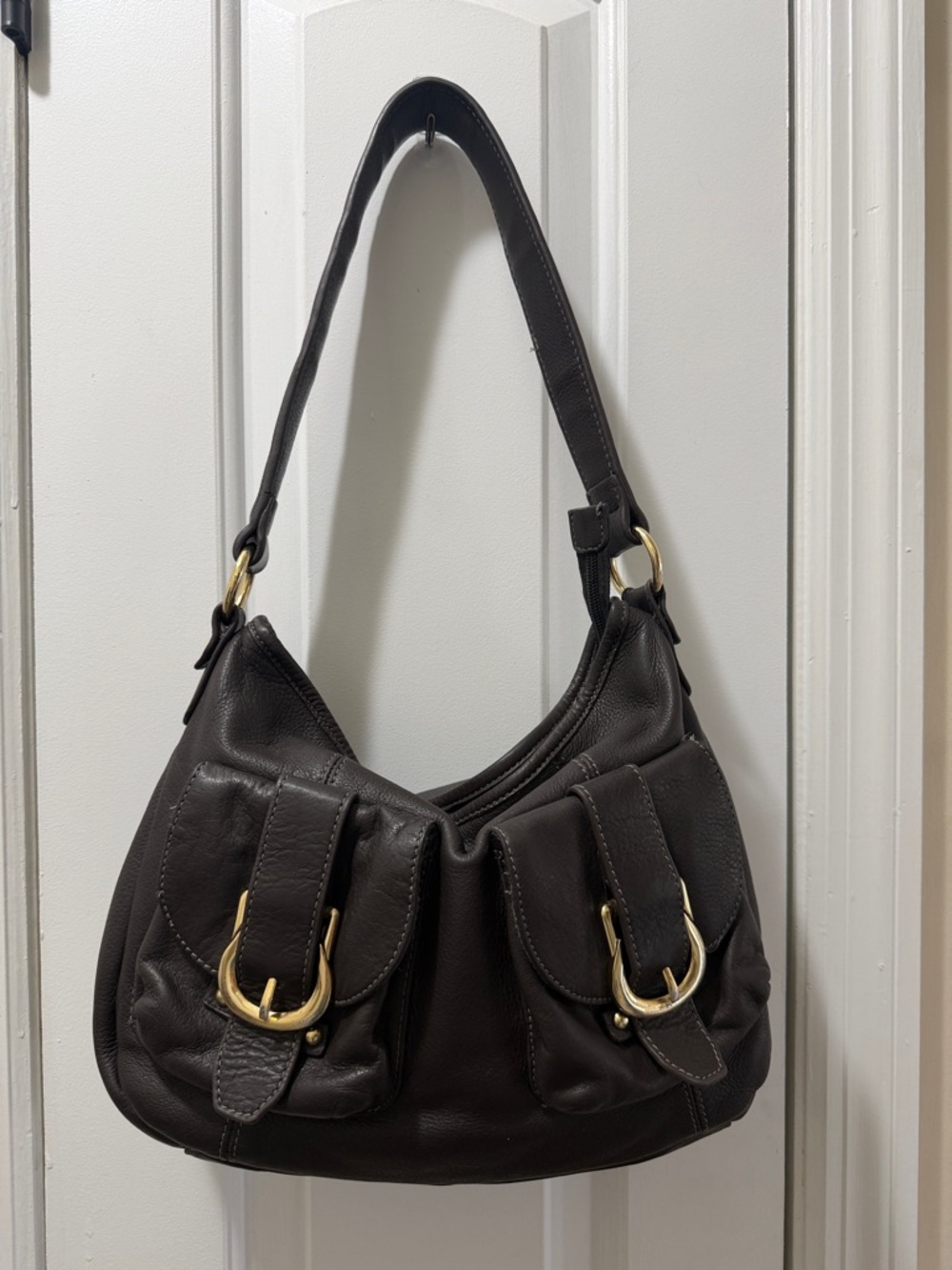 Vintage Avon Slouchy Dark Brown Napa Leather Hobo Shoulder Bag Gold Hardware